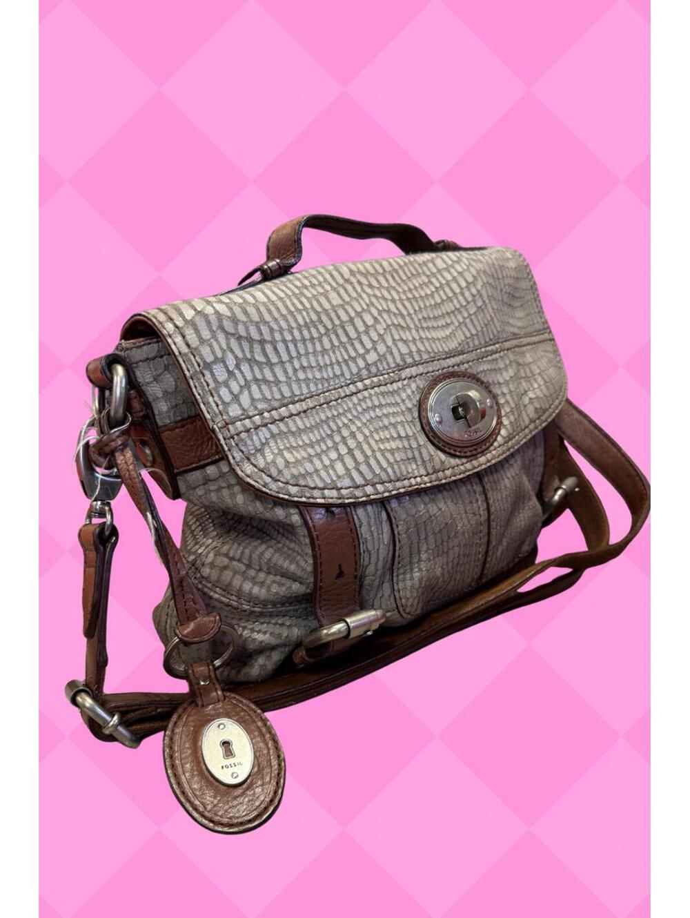 Vintage fossil satchel gray&brown snakeskin bag adjustable strap metal charm